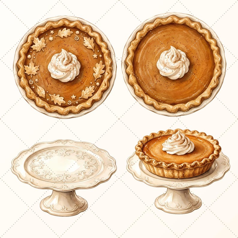 May include: Two round pumpkin pies with crimped crusts and whipped cream dollops, one decorated with pastry leaves and stars. An empty white ceramic pedestal cake stand and a second stand holding a pumpkin pie with whipped cream topping.
