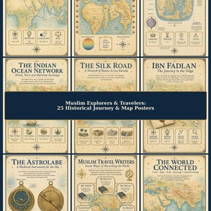 Op de afbeelding: Een collectie van 25 historische posters met kaarten en diagrammen van moslimontdekkingsreizigers en reizigers. Elke poster toont illustraties in vintage-stijl, geografische routes en beschrijvende tekst over figuren zoals Ibn Battuta, Al-Idrisi en de Zijderoute.