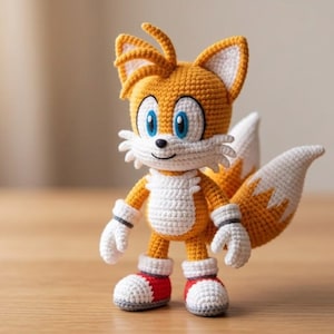 May include: A crochet doll of a fox character with two tails, featuring golden-yellow and white yarn. The figure has large blue eyes, a small black nose, white gloves, and red and white shoes. The construction shows detailed yarn stitching.