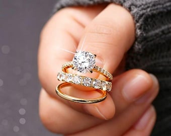 3 Piece Elegant Cubic Zirconia Ring Set, Stackable Engagement Wedding Band, Dainty Promise Ring for Women, Mother's Day Gift