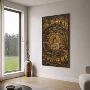 May include: A framed, vertical artwork depicting a central figure surrounded by concentric circles of figures and animals. The artwork features a warm color palette with gold, brown, and blue tones. The central figure is a serene Buddha-like deity.