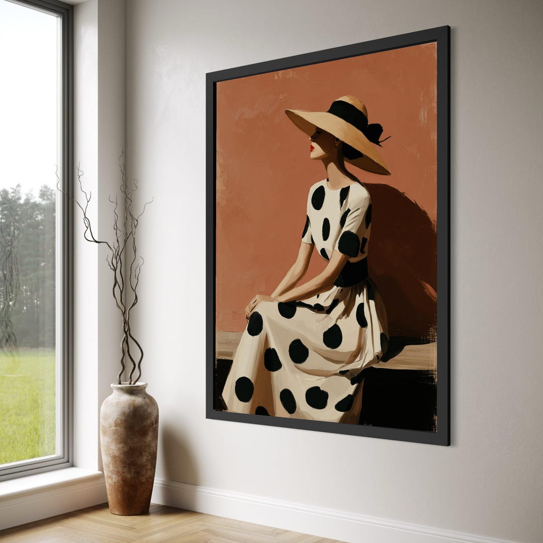 Elegant Woman Polka Dot Dress, Vintage Style Canvas, Wide Brim Hat Wall ...