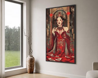 Gotische Chinese keizerin canvas muurkunst, rood en goud oosters portret, traditioneel Aziatisch interieur, dramatische kunstafdruk, klaar om kunst af te drukken