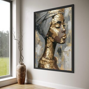 Ritratto donna elegante su tela, design volto foglia oro, profilo femminile astratto moderno, decorazione casa sofisticata, arte pronta da s
