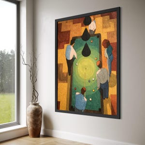 Vintage Pool Table Scene Canvas, Top View Billiards Art, Retro Sports Wall Decor, Game Room Canvas Decoration, Unique Hobby Print Art