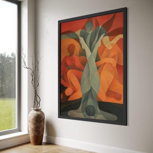 Puede incluir: Impresión artística abstracta en un marco negro. La obra presenta figuras en tonos naranja, rojo y verde azulado. Las figuras son estilizadas y geométricas, con un enfoque en la forma. El fondo es un degradado de colores cálidos.
