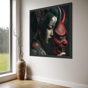 May include: Framed artwork depicting a woman in traditional Japanese dress, holding a red demon mask. The woman has detailed tattoos and elaborate hair ornaments. The artwork is set against a dark backdrop.