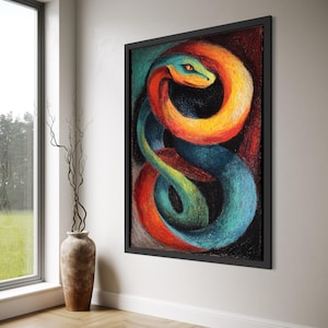 May include: A framed artwork featuring a colorful snake in shades of blue, orange, yellow, and green. The snake is coiled in a dynamic pose against a dark background, with a black frame. The artwork is displayed on a white wall.