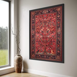 Lienzo Majestuoso Árbol de la Vida, Arte Floral Persa, Decoración de Vida Silvestre, Lienzo Botánico Rojo Vibrante, Arte Tradicional