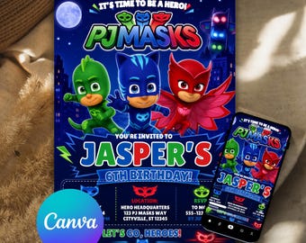 Nighttime Superhero Birthday Invitation Template, Editable Kids Hero Party Invite,Masked Adventure Birthday Download