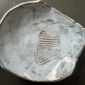 Puede incluir: Un plato de cerámica formado a mano con un esmalte azul claro moteado y un borde marrón. La superficie interior presenta un relieve moldeado de una concha marina con crestas y textura visibles, creando un cuenco poco profundo.