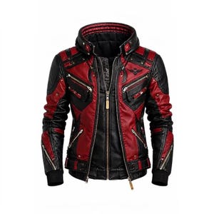 May include: A black and red hooded jacket featuring multiple silver-toned zippers, snap button accents, and a layered front design. The garment includes ribbed cuffs, a structured collar, and a small emblem on the upper chest area with long sleeves.