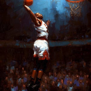 May include: A painting of a basketball player in action, about to dunk the orange basketball. The player is wearing a white jersey with red detailing and shorts. The background is a dark blue with a basketball hoop.