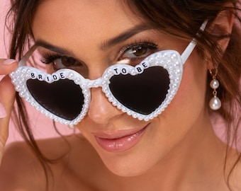 Bride Sunglasses for Bachelorette | Pearl Rhinestone Heart Shaped Glasses | Bach Party Favors Gift for Bridesmaid