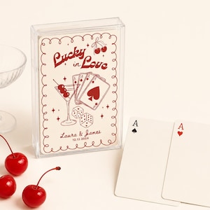 Peut inclure: Un étui en plastique transparent contenant un jeu de cartes avec le texte Lucky in Love, Laura & James et 12.12.2026. Le design présente des illustrations rouges de cerises, un verre à martini, des dés et des cartes. Deux as sont posés à côté.