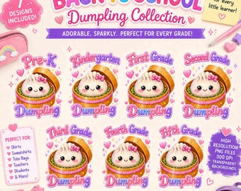 Back to School Dumpling PNG Bundle, Pre K to Fifth Grade PNG, Cute School Sublimation Set