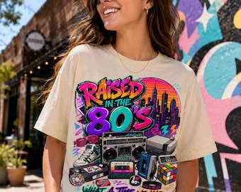 Raised in the 80s PNG, Retro 80s Nostalgia Graphic, Boombox Cassette VHS Design