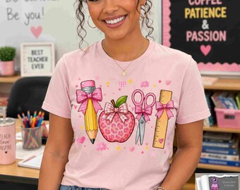 Teacher PNG, Coquette Teacher PNG, School Supplies Sublimation, Teacher Shirt Design