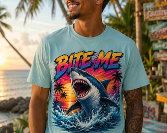 Funny Shark Shirt PNG, Bite Me Graphic Tee Design, Retro Beach Shark Sublimation