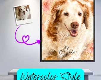 Custom Pet From Photo Watercolor Portrait PNG, Personalized Animal Art Digital Download memorial