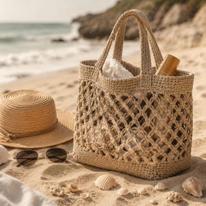 May include: A beige crochet tote bag with an open diamond mesh pattern, featuring two sturdy handles. Inside the bag, a white towel and a cylindrical bottle are visible. A straw hat and dark-tinted sunglasses are placed nearby on the sand.