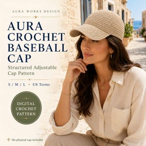 May include: A beige crochet baseball cap with a structured brim. The text reads: AURA WORKS DESIGN, AURA CROCHET BASEBALL CAP, Structured Adjustable Cap Pattern, S / M / L, US Terms, DIGITAL CROCHET PATTERN, No physical cap included.