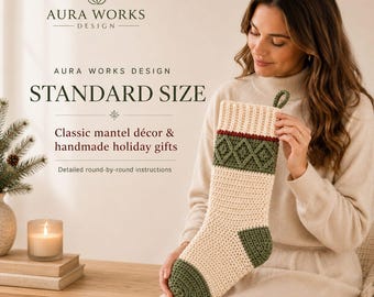 May include: A cream and olive green crocheted holiday stocking featuring a textured diamond pattern on the cuff, a ribbed top edge, and a solid green heel and toe. The text reads AURA WORKS DESIGN, STANDARD SIZE, Classic mantel décor & handmade holiday gifts.