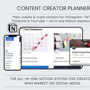 May include: A digital content creator planner displayed on a tablet, smartphone, and desktop screen. The interface features a Notion dashboard with a calendar, database, and idea bank for tracking social media content across various platforms.