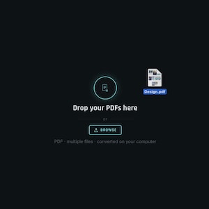 Peut inclure: Une interface numérique de téléchargement de fichiers avec une icône circulaire centrale, le texte Drop your PDFs here, un bouton Browse et une icône de fichier nommée Design.pdf. L'ensemble est sur fond sombre avec des instructions de conversion.