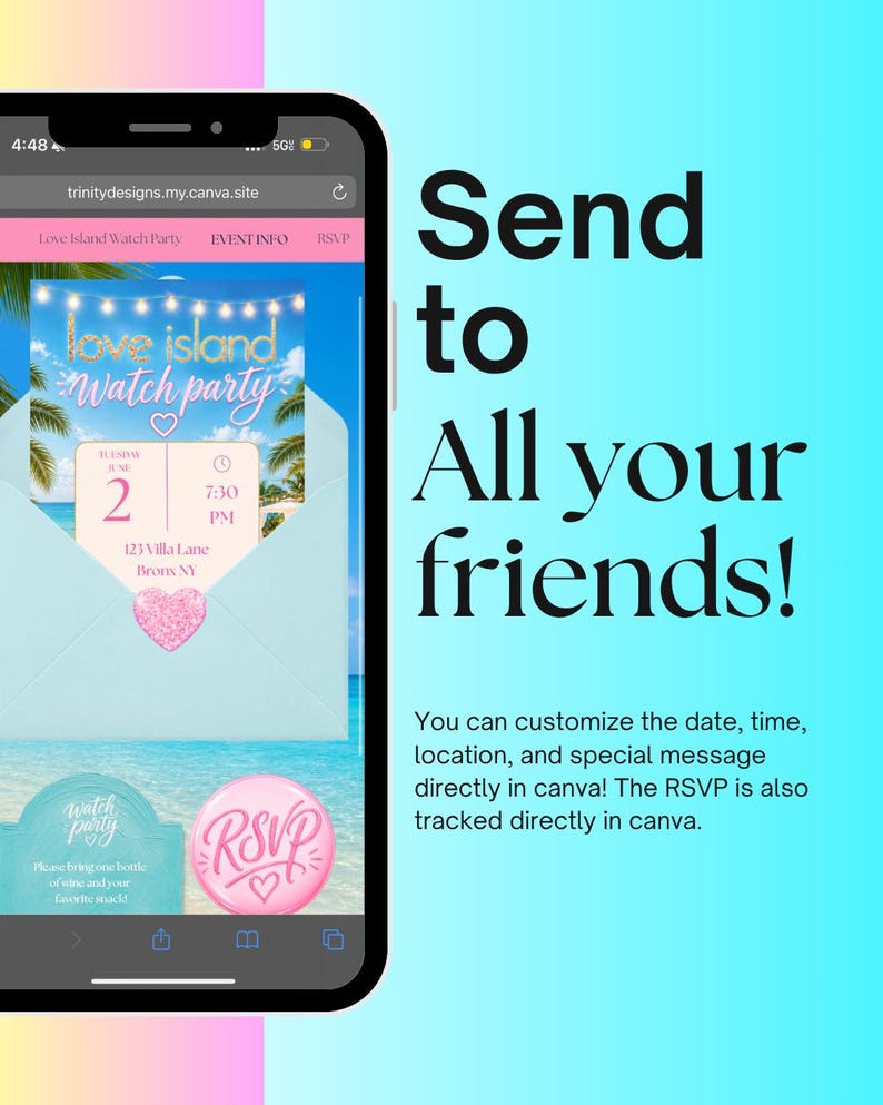 May include: A smartphone screen displaying a digital invitation for a Love Island Watch Party. The invitation features a tropical beach background, string lights, and a pink heart seal. Text includes Send to All your friends! and customization details.