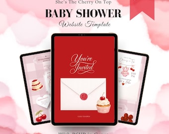 Websitesjabloon kers op de taart babyshower, roze canvas uitnodiging (digitale download)