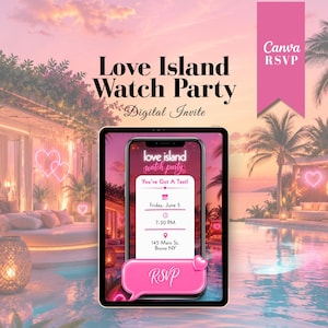 Puede incluir: Invitación digital para una Love Island Watch Party, con una tableta que muestra una burbuja RSVP rosa y los detalles del evento. El fondo muestra un entorno tropical con una piscina y palmeras, con el texto "Love Island Watch Party" y "Digital Invite".