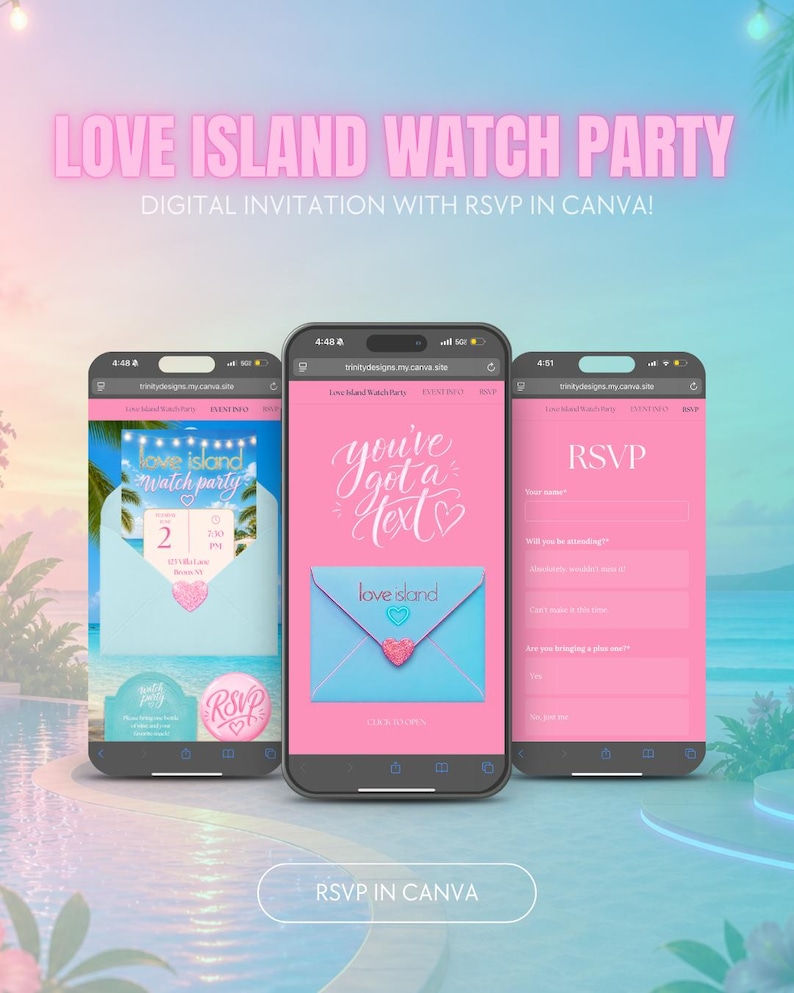 May include: Three smartphones displaying a digital Love Island watch party invitation and RSVP form. The screens feature pink and blue color schemes, a Love Island logo, the text you've got a text, and an envelope graphic with a heart icon.