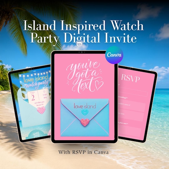 Digital Island Inspired Watch Party Canva Invitation Template With RSVP