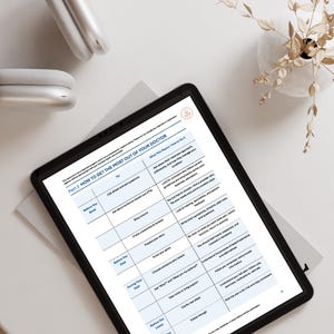 May include: A digital tablet displaying a document titled Part 2 HOW TO GET THE MOST OUT OF YOUR DOCTOR, featuring a table with columns for stages of a medical visit, tips, and explanations, presented on a white surface with headphones.