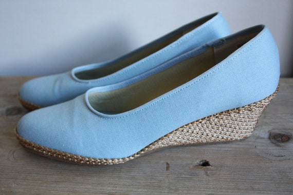 Vintage Canvas Espadrille Wedge Shoes Blue 9.5