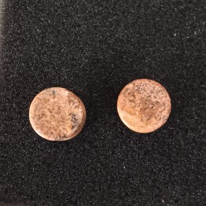 May include: Two round, polished stone plugs. The plugs are a mix of tan, brown, and gray colors. The plugs are circular and have a smooth, glossy finish. The plugs are likely used for ear piercings.