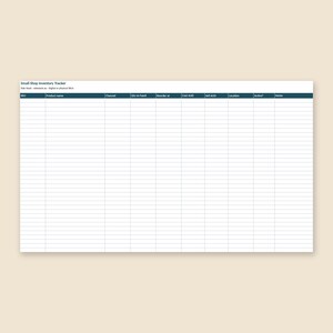 May include: A digital inventory tracker spreadsheet template titled Small Shop Inventory Tracker. The table includes columns for SKU, Product name, Channel, Qty on hand, Reorder at, Cost AUD, Sell AUD, Location, Active, and Notes.