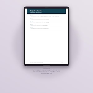 May include: A digital tablet displaying a document titled Subject lines & preview with five numbered prompts for email newsletter creation. The text includes instructions to write subject lines, generate preview text, and refine email content.