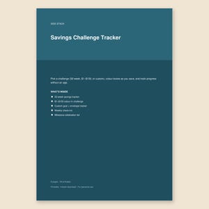 May include: A teal Savings Challenge Tracker document featuring a 52-week tracker, $1-$100 color-in challenge, custom goal and envelope tracker, weekly check-ins, and a milestone celebration list. The text includes instructions for tracking savings.