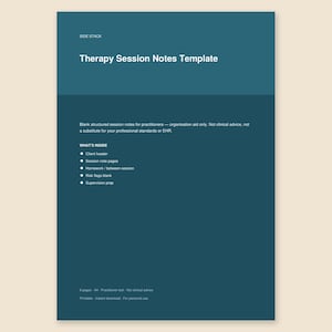 Peut inclure: Un document bleu sarcelle intitulé Therapy Session Notes Template par Side Stack. Il liste des sections incluant client header, session note pages, homework, risk flags et supervision prep. Le texte précise l'usage.