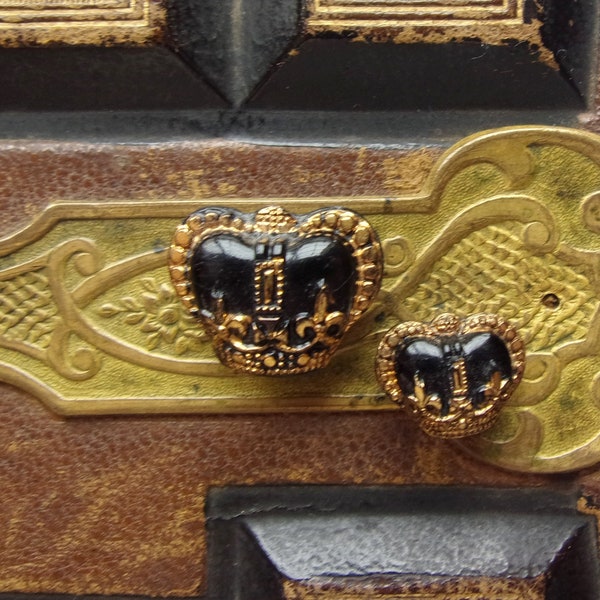 Monarchs -Antique Mother & Daughter Black Glass / Jet with Gold  Fleur de Lis - accenting - Victorian - Diminutive Buttons