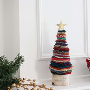 Large Felted Wool Christmas Tree – Handmade Eco-Friendly Holiday Décor with Birch Stump & Gold Star