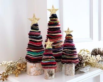 Set of 4 Felted Wool Christmas Trees, Multicolor Handmade Holiday Decor, Upcycled Decor