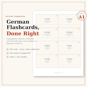 Pode incluir: Um documento digital com cartões de aprendizagem de alemão para o nível A1. A página mostra oito cartões retangulares com substantivos alemães, plurais e frases de exemplo. O texto inclui: German Flashcards, Done Right, Stufe A1.