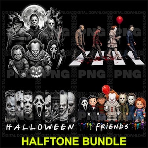 May include: A digital graphic bundle featuring various horror movie characters in multiple styles, including a group portrait, a crosswalk scene, a collage of faces, and chibi-style figures with the text HALLOWEEN FRIENDS HALFTONE BUNDLE.