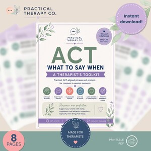 Puede incluir: Un kit de herramientas PDF imprimible para terapeutas, con el texto "ACT What to Say When". El diseño incluye un esquema de color púrpura y blanco con acentos florales e iconos que representan conceptos clave. El kit está diseñado para apoyar a los terapeutas.