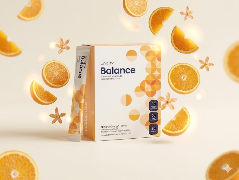 May include: A box and packet of Unicity Balance dietary supplement with orange slices and flowers. The box is white with orange accents and the text "Balance". The packet is white with the word "Balance".
