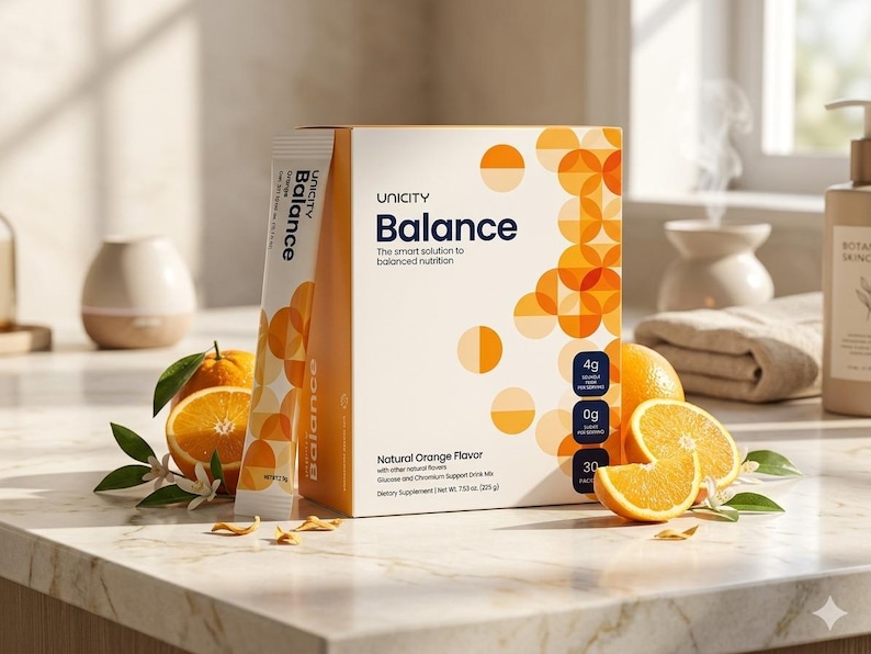 May include: A box of Unicity Balance drink mix with the text "Balance" and "The smart solution to balanced nutrition." The box is white with orange accents and is next to a packet of the drink mix and sliced oranges.