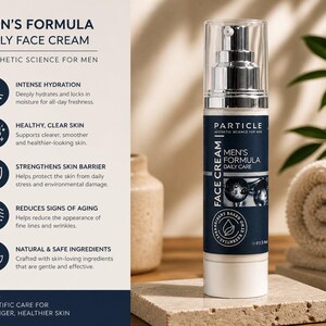 May include: A face cream bottle labelled "MEN'S FORMULA DAILY FACE CREAM" is shown on a stone surface. The bottle has a white and silver design with a clear pump. The image includes text detailing the product's benefits, including intense hydration and healthy skin.